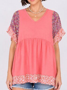New GIGIO Oversized S 4 6 Rose Peach Floral Mix Ruffle Sleeve Pullover Top